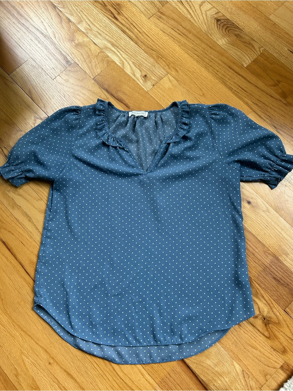 Polka Dot Ruffle V-Neck Puff Sleeve Blouse - Blue